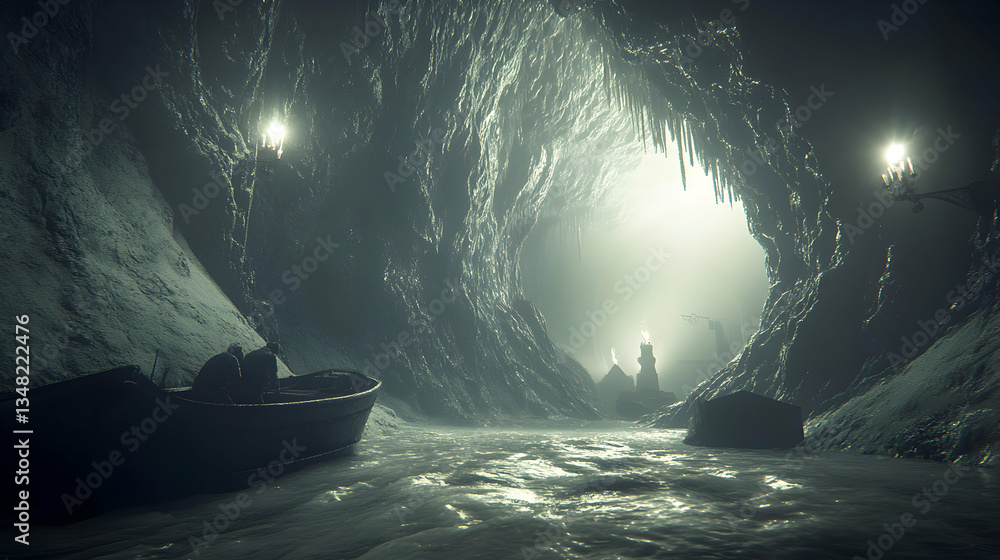 Poster mysterious figures in a boat navigate a dimly lit subterranean river, passing ancient structures and