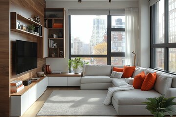 A modern apartment living room with comfortable furniture and city view