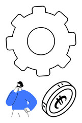 Large gear symbolizing processes, money coin hinting at value, thoughtful person representing decision-making. Ideal for innovation, business strategy, financial planning, entrepreneurship, growth