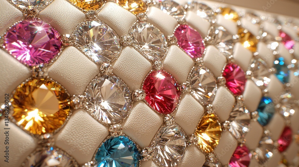 Poster quilted fabric with colorful, sparkling gems set in individual sections