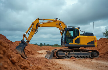 Obraz premium Yellow mini excavator construction site earthworks. Compact machinery for digging, moving soil against cloudy blue sky. Heavy equipment at job site. Construction work, industry.