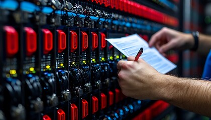 Technician reviewing server room documentation