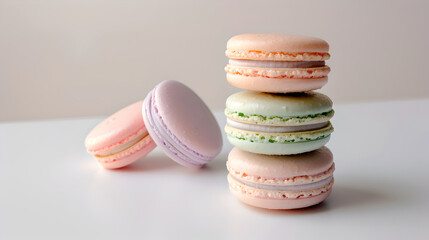 Fototapeta premium Delightful pastel colored macarons stacked together, showcasing their vibrant hues and textures