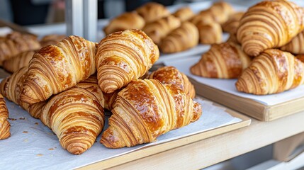 Vibrant Arrangement of Fresh Croissants on Rustic Wooden Table Display