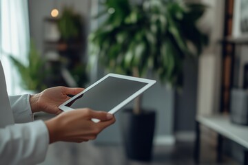 Person holds a tablet computer indoors with plants background