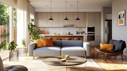 Fototapeta premium Modern and Bright Living Room Interior Design with Open Kitchen