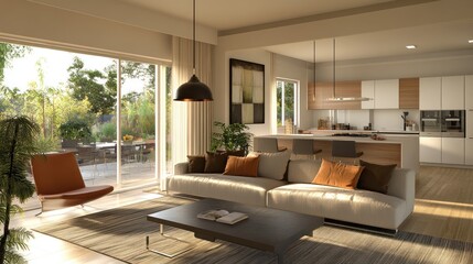 Fototapeta premium Modern Living Room Design with Open Plan Kitchen and Patio View