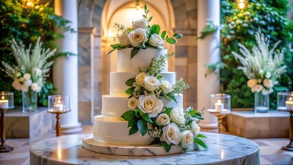 Elegant Wedding Cake Photography: White Roses, Eucalyptus, Marble Chapel