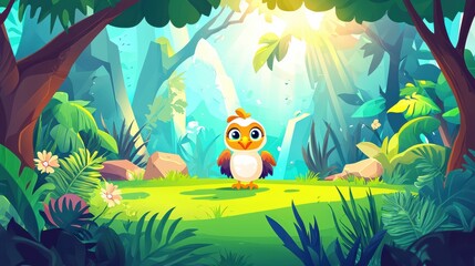 Obraz premium Vibrant animated owl in lush jungle nature scene digital art bright daylight whimsical atmosphere