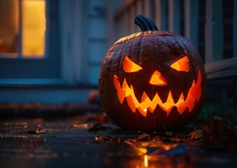 Glowing carved pumpkin with a menacing grin on a rainy Halloween night.