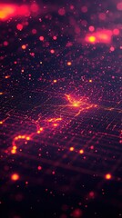Red bokeh grid abstract with glowing particles and shallow depth of field