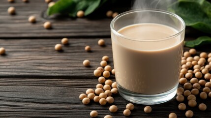 Freshly Made Soy Milk in Glass Surrounded by Raw Soy Beans on Tabletop