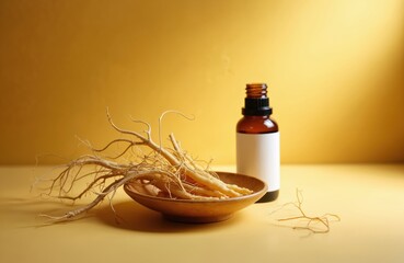 Fototapeta premium Ginseng roots in wooden bowl, brown medicine bottle with blank label on yellow backdrop. Herbal medicine, natural supplement for health, wellbeing and energy, Asian culture, isolated ingredient.