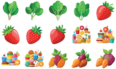 Set of fresh ripe strawberries isolated with green leaves and white accents