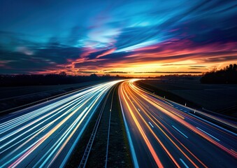 Obraz premium Vibrant highway light trails under a stunning sunset sky.