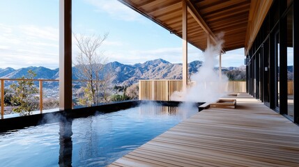 Fototapeta premium Relaxing Hot Pool with Breathtaking Mountain View in Serene Nature Setting
