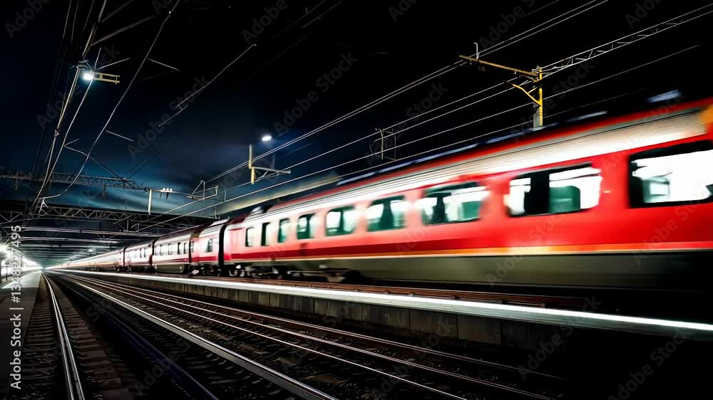 Poster dynamic video of a red train speeding through a station at night, captured from a low-angle, emphasi