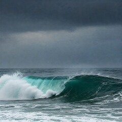 Fototapeta premium A stormy ocean wave crashing, with photographic water detail and a dramatic oil-painted sky, 