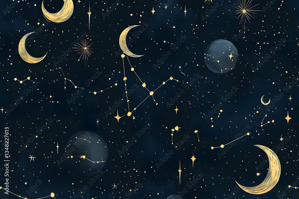 Wall mural enchanting celestial pattern featuring moons, planets and constellations against a dark night sky