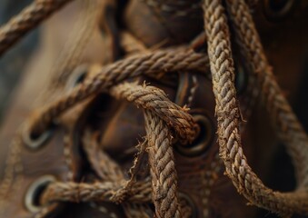 Fototapeta premium Close-up of rugged brown boot laces intertwined