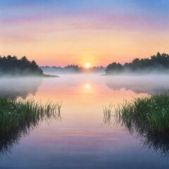 Obraz premium Misty lake at sunrise with soft golden light reflecting on the water, silhouetted trees on the horizon, and reeds in the foreground