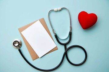 A blank paper mockup along with a stethoscope and a red toy heart representing World Health Day