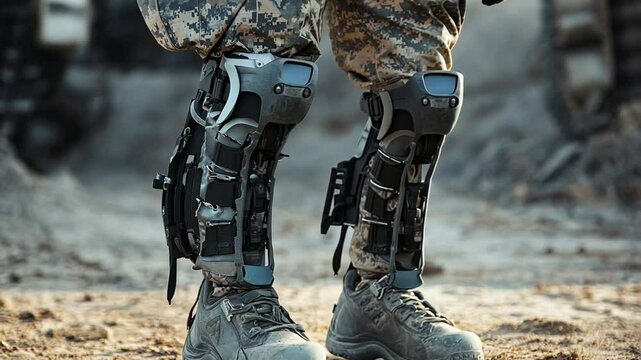 Bionic Legs and Soldier: A close-up shot of a soldier's legs showcasing advanced bionic exoskeletons, highlighting technology and military innovation on battlefield.