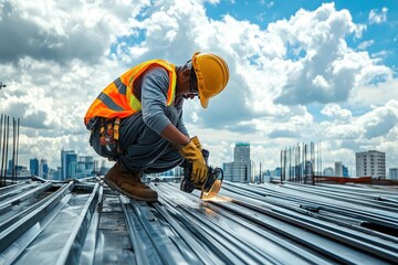 Construction worker using a metal cutting tool on a building site