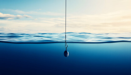 A fishing weight hangs suspended beneath the surface of a tranquil ocean, the line extending to a calm sky above. A serene underwater scene captured in stunning detail.
