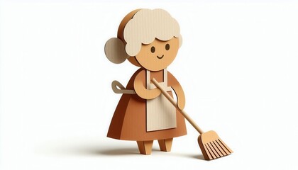 Playful animation of a housekeeper sweeping clean home environment whimsical perspective