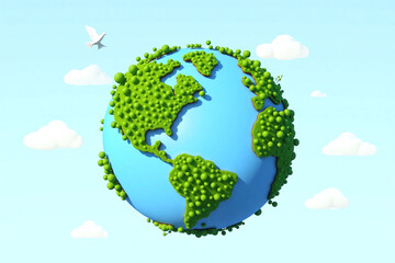 Fototapeta premium green earth with trees and birds flying around it