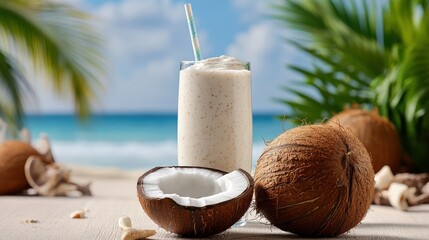 Refreshing Coconut Drink with Straw Served in Tropical Paradise Setting