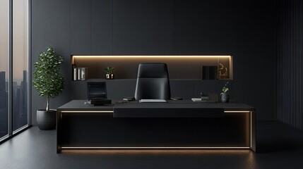 Luxury executive desk setup, minimalist dark surface, carefully arranged office tools, modern device placement, artisanal coffee mug, professional workspace photography, dramatic lighting