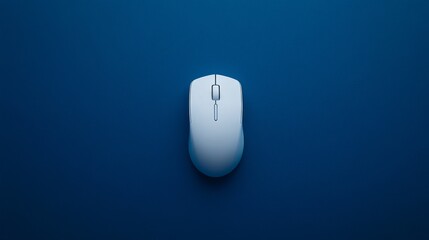 minimal tech flatlay composition, stark white computer mouse hero piece, surrounding electric blue peripherals, smooth cobalt background surface, controlled ambient lighting, precise geometric