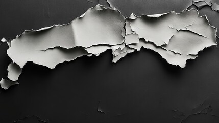 Minimalist paper art, torn edge composition, deep charcoal background, pure white fragments, high resolution texture detail, contemporary abstract photography