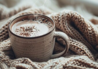 Warm cup of coffee on a cozy knit blanket.