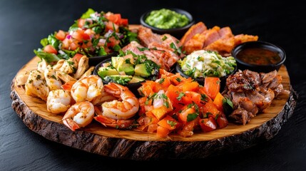 Delicious Gourmet Plate of Fresh Ingredients on Rustic Wooden Board