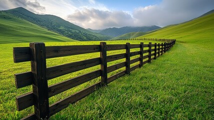 Rolling green hills with wooden fence line, mountains in the distance, scenic view