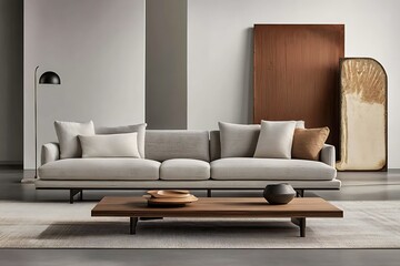 Modern Sofa in Light Beige, Wooden Coffee Table, Minimalist Room