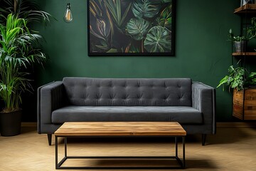 Modern living room with dark green walls, plants, sofa, and wooden coffee table.  Possible use Interior design, home decor, real estate photography
