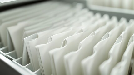 Close-up paper document holders, repeating pattern office files, white pages texture, selective focus, monochromatic tones, business aesthetic, high detail macro