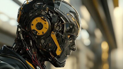 Fototapeta premium Close-Up of a Detailed Black and Gold Robot Head Outdoors