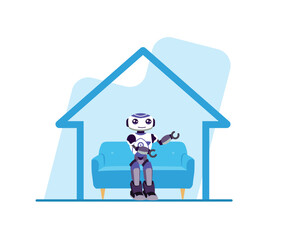 Robot Holding Wrench at Home on Couch Illustration for Home Automation
