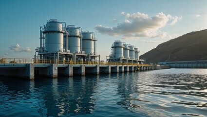 Industrial facility with large storage tanks by the water, reflecting the sky.