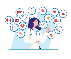 Doctor pointing at medical icons showcasing healthcare topics and human anatomy