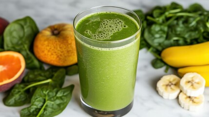 Refreshing Green Smoothie Surrounded by Fresh Fruits on Wooden Table