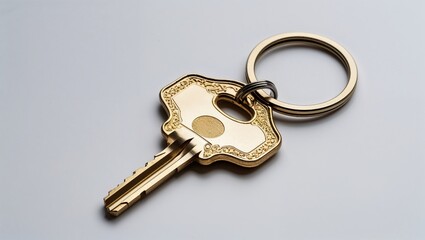 A gold key with an ornate design attached to a keyring.