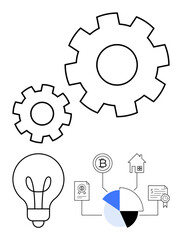 Gears symbolizing process, lightbulb for ideas, icons for cryptocurrency, real estate, and certifications, pie chart for data visualization. Ideal for business, innovation, finance technology