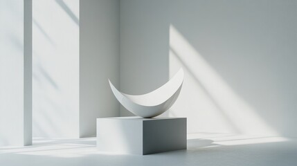 abstract display showcase, floating organic paper forms, minimalist square pedestal, subtle ambient occlusion, pure white environment, professional 3d rendering, clean architectural design,