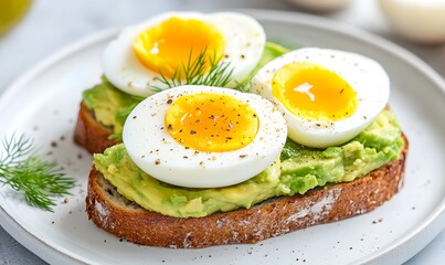 A beautiful plate of Avocado and Egg Toast, Generative AI